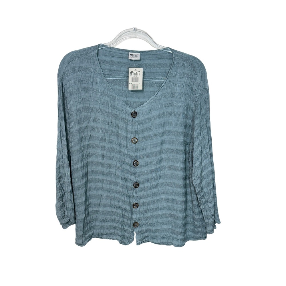 CP Shades Button Front Top Womens L Aqua Blue Textured Crinkle Rayon Blouse